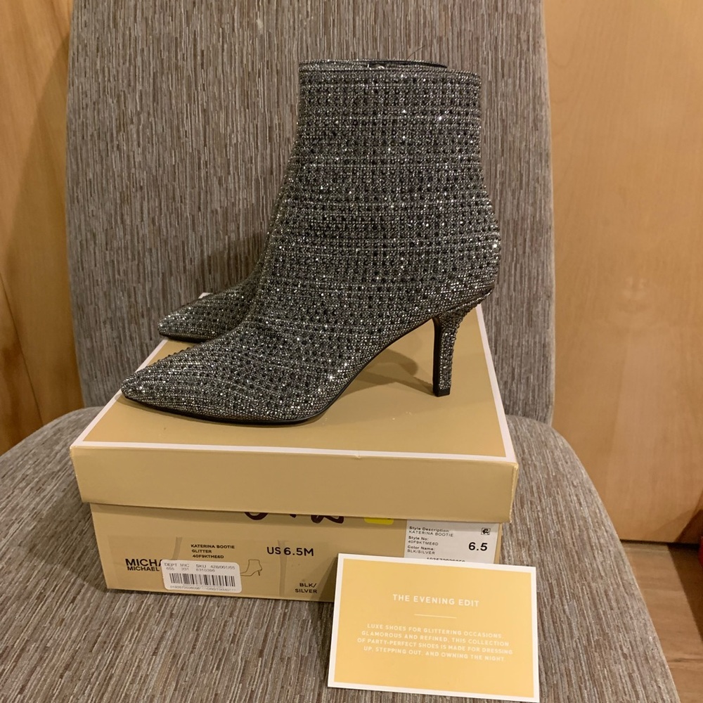 Michael Kors black/silver Glitter Katterina Bootie size 6 1/2